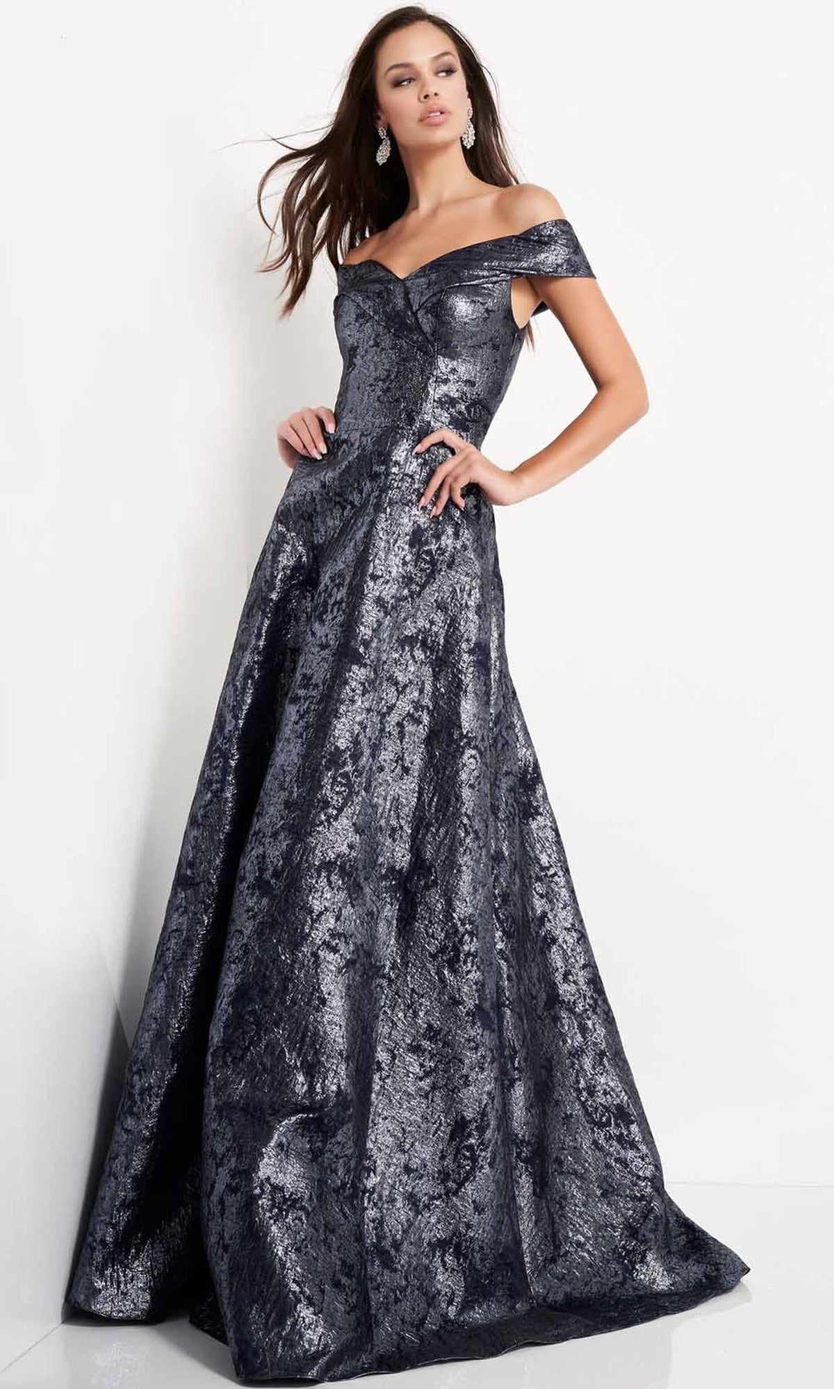 Jovani - 03674 Metallic Off Shoulder A-Line Gown - Navy - Main