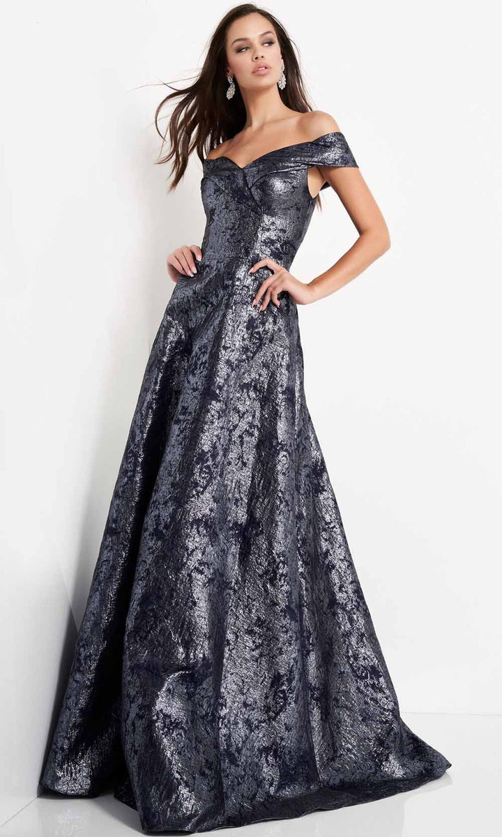 Jovani - 03674 Metallic Off Shoulder A-Line Gown - Navy - Main