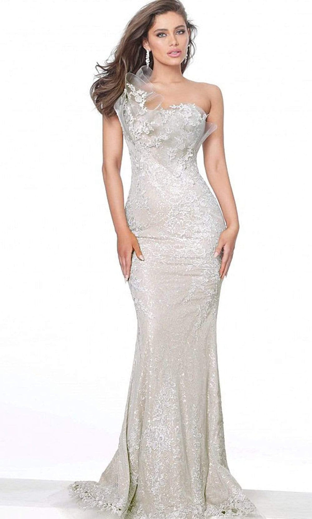 Jovani - 03904 Lace Asymmetric Neck Trumpet Dress - Grey - Main