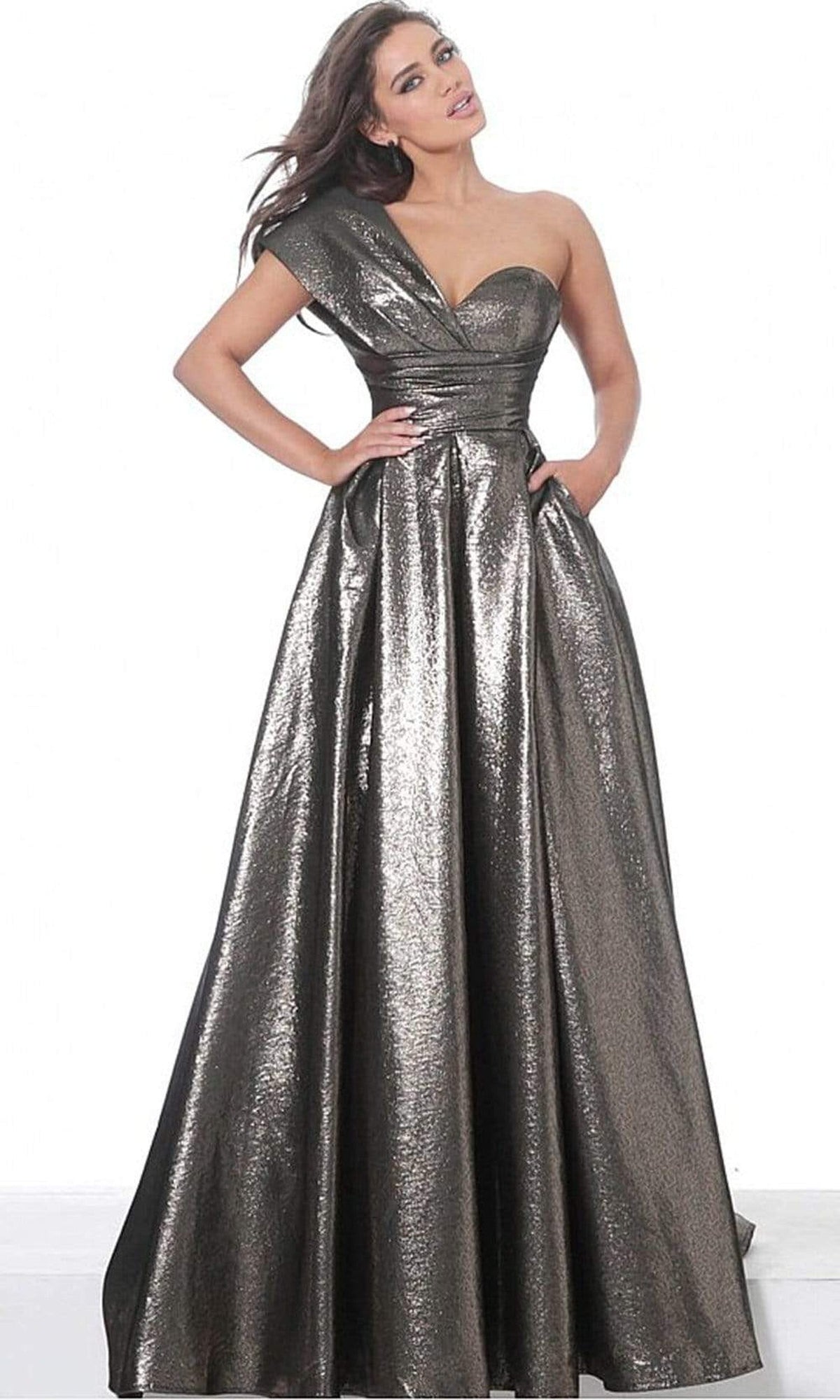 Jovani - 04170 Metallic One Shoulder A-Line Gown - Bronze - Main