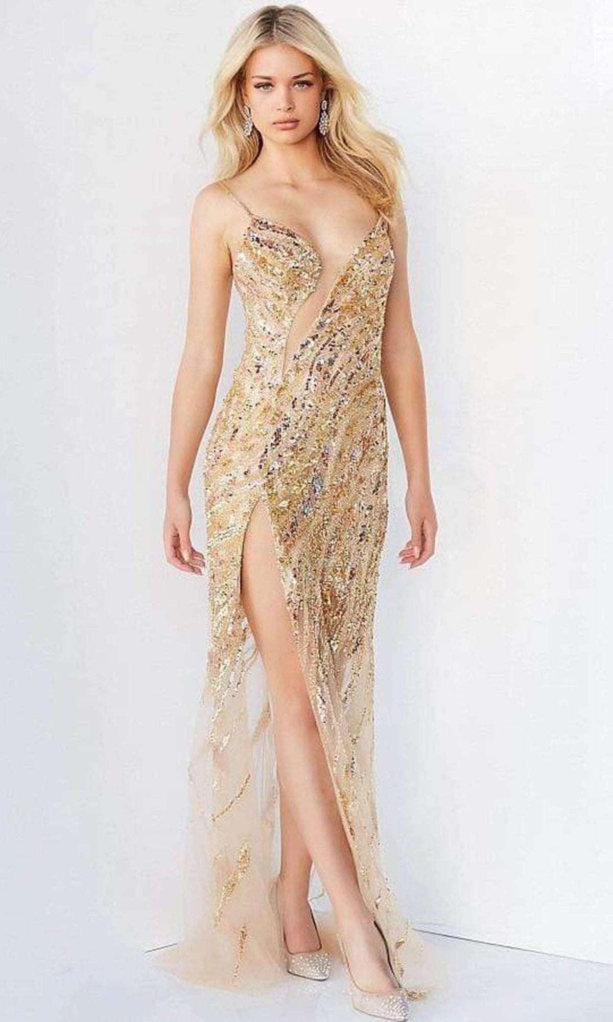 Jovani - 04195 Bejeweled Slit Cut Out Long Gown