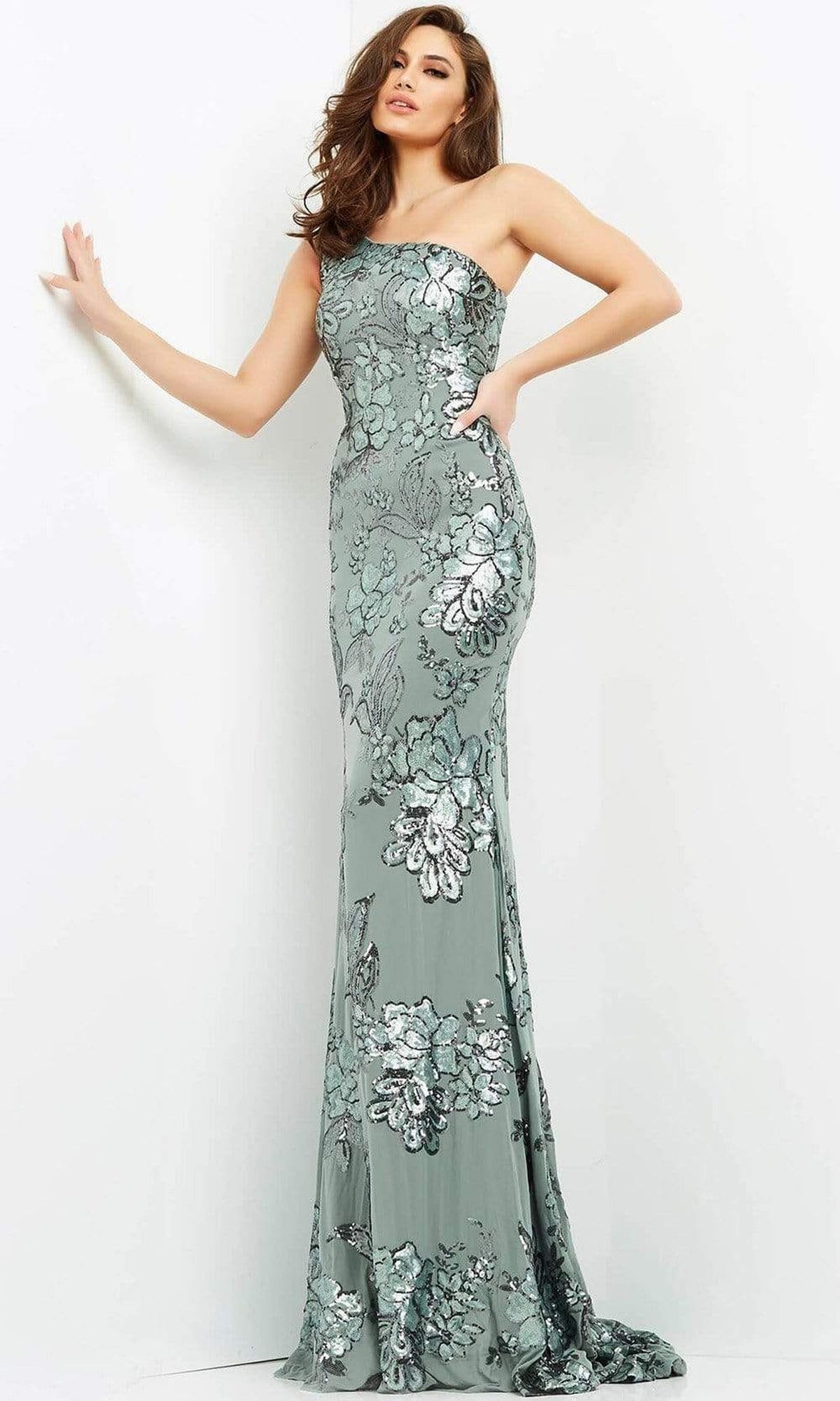 Jovani - 04331 Floral Sequin Embellished One Shoulder Fitted Gown
