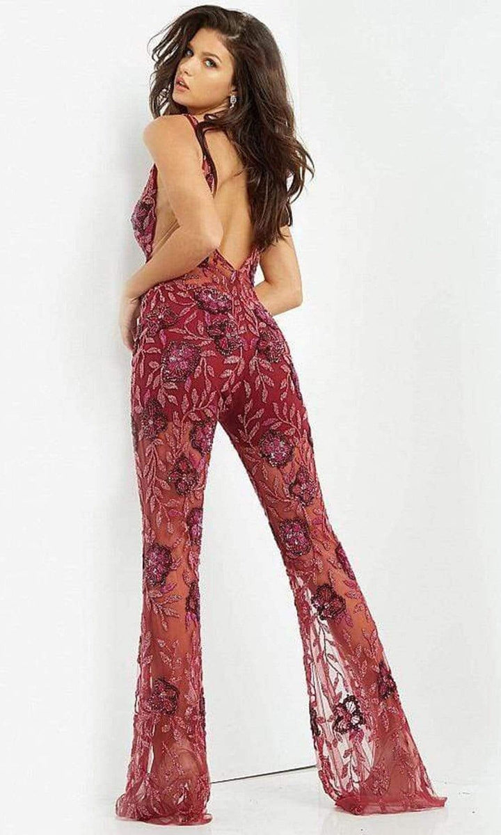 Jovani - 04402 V Neck See Through Beaded Jumpsuit
