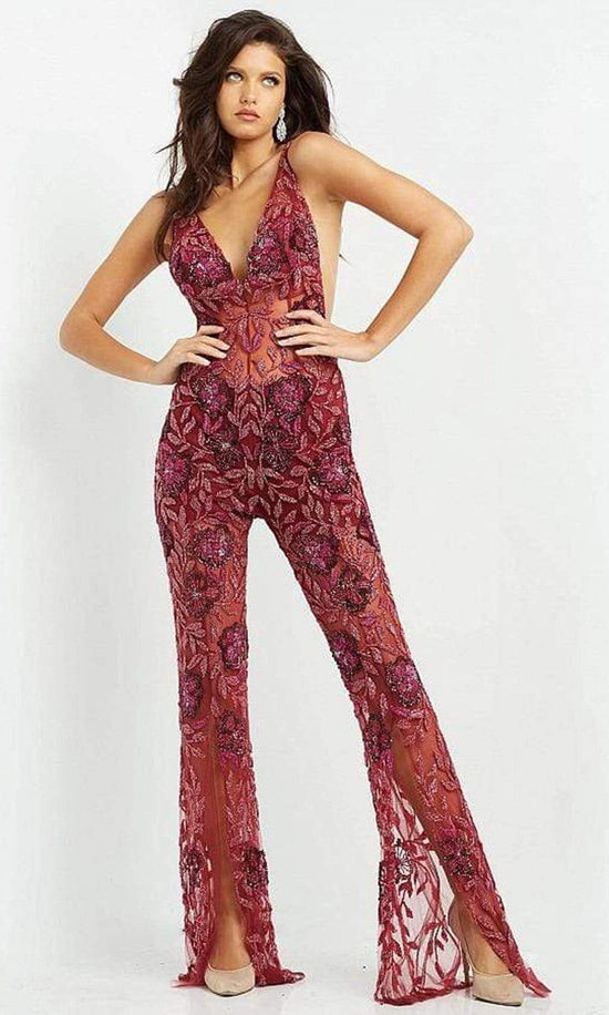 Jovani - 04402 V Neck See Through Beaded Jumpsuit - Burgundy - Main