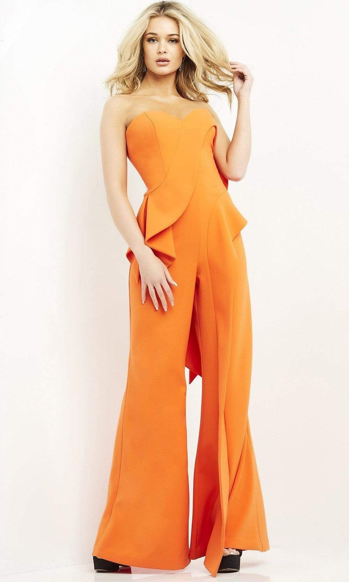 Jovani - 04427 Strapless Sweetheart Ruffle Wide Leg Jumpsuit