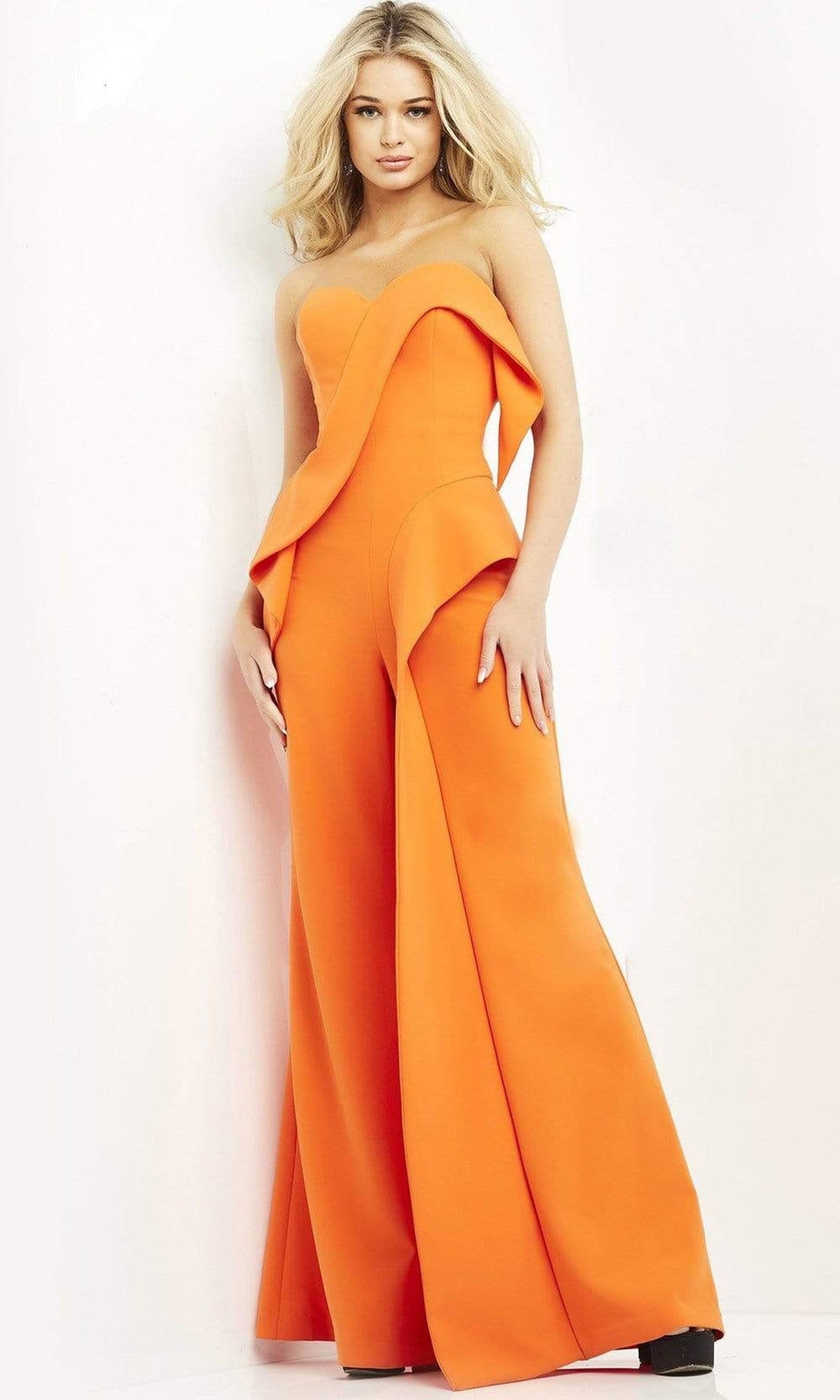Jovani - 04427 Strapless Sweetheart Ruffle Wide Leg Jumpsuit