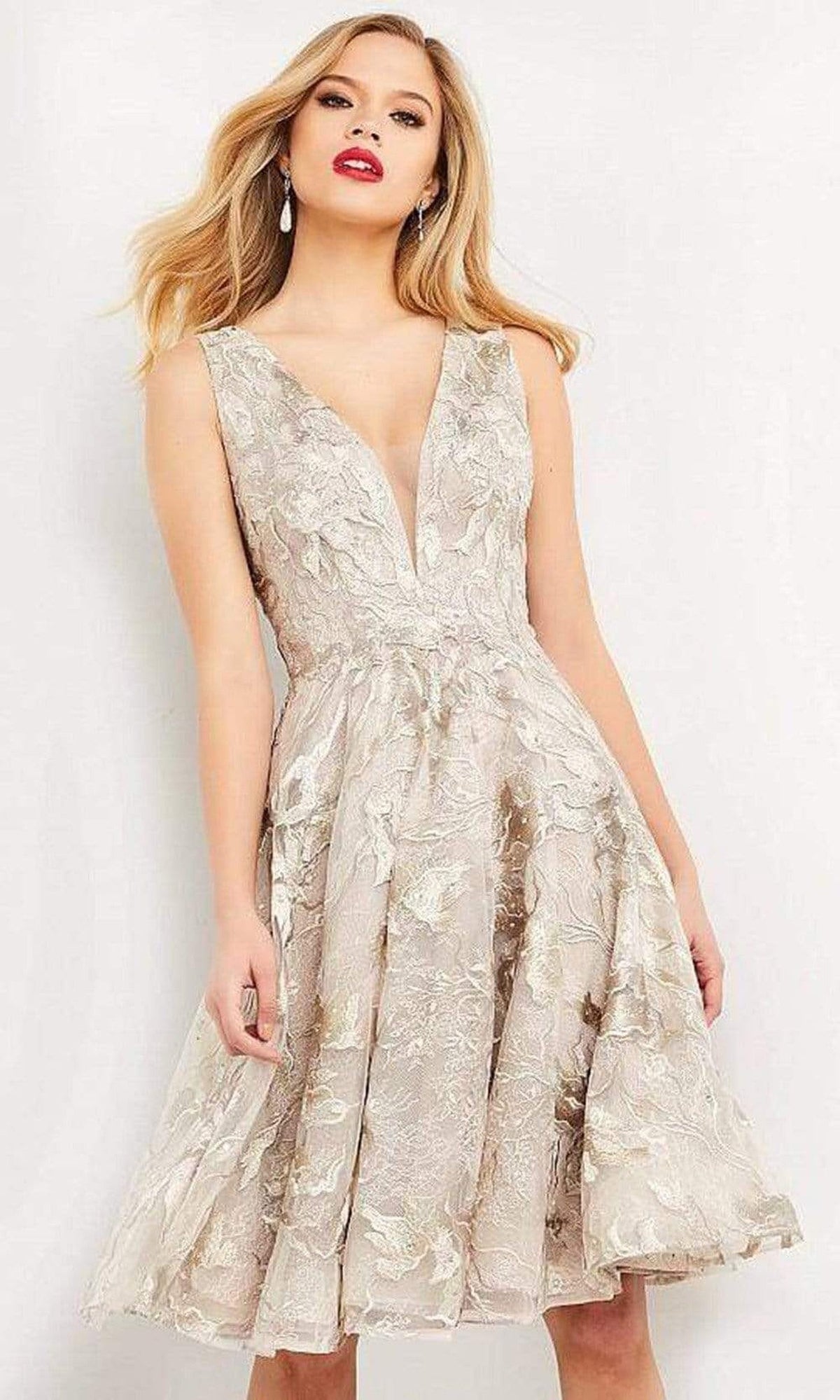 Jovani - 04442 Embroidered Fit and Flare Midi Dress