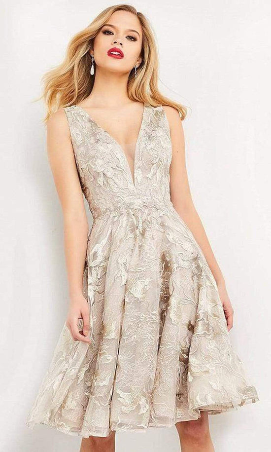 Jovani - 04442 Embroidered Fit and Flare Midi Dress