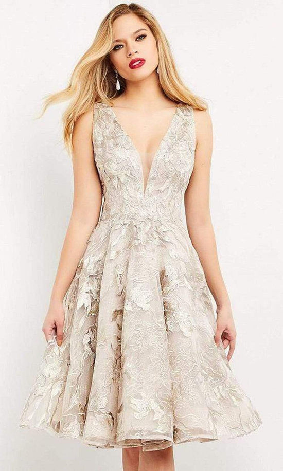 Jovani - 04442 Embroidered Fit and Flare Midi Dress - Champagne - Main
