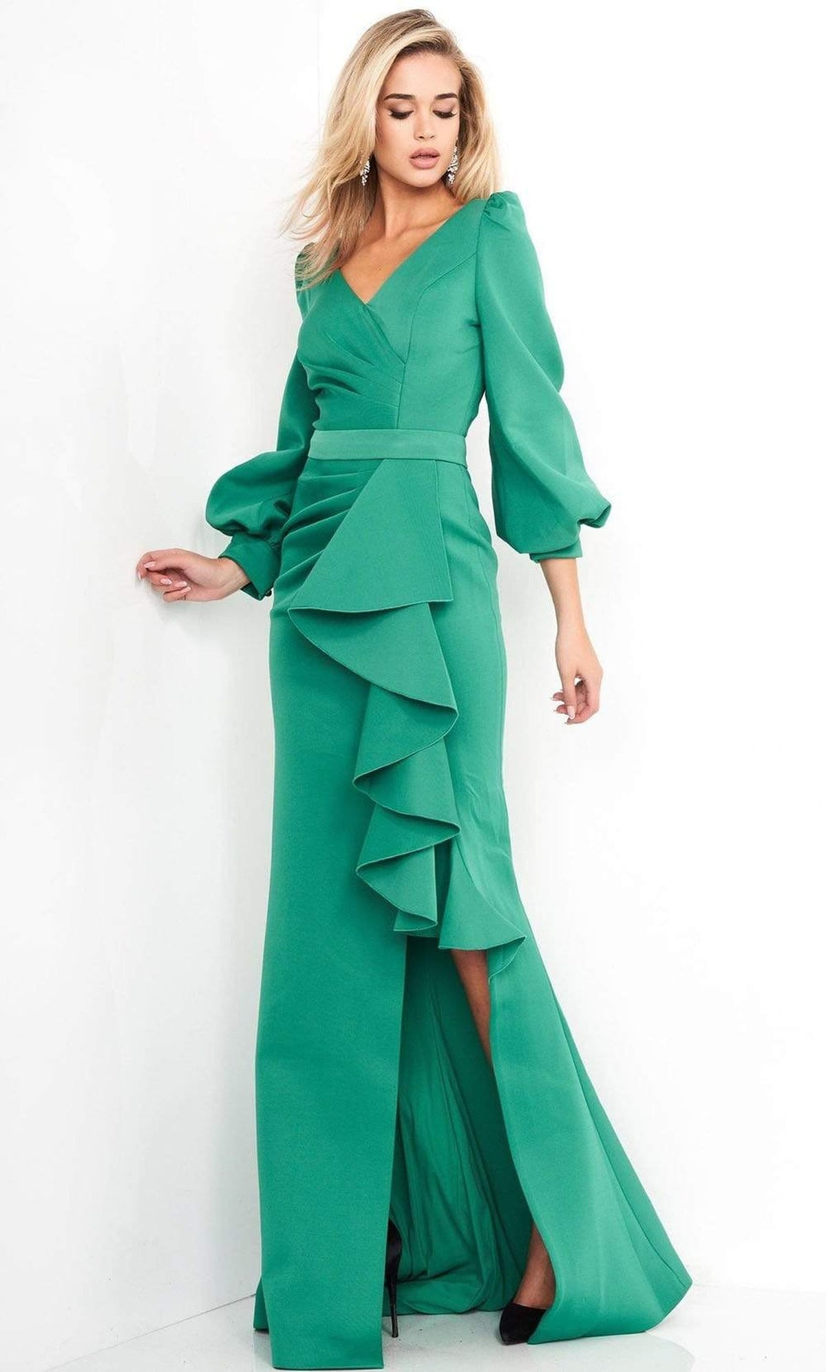 Jovani - 04841 Long Sleeve Ruffle Drape High Slit Evening Dress