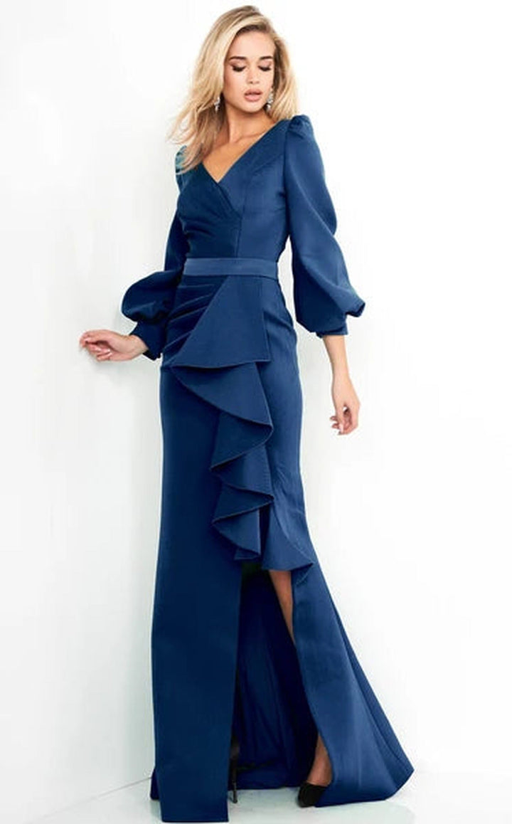 Jovani - 04841 Long Sleeve Ruffle Drape High Slit Evening Dress