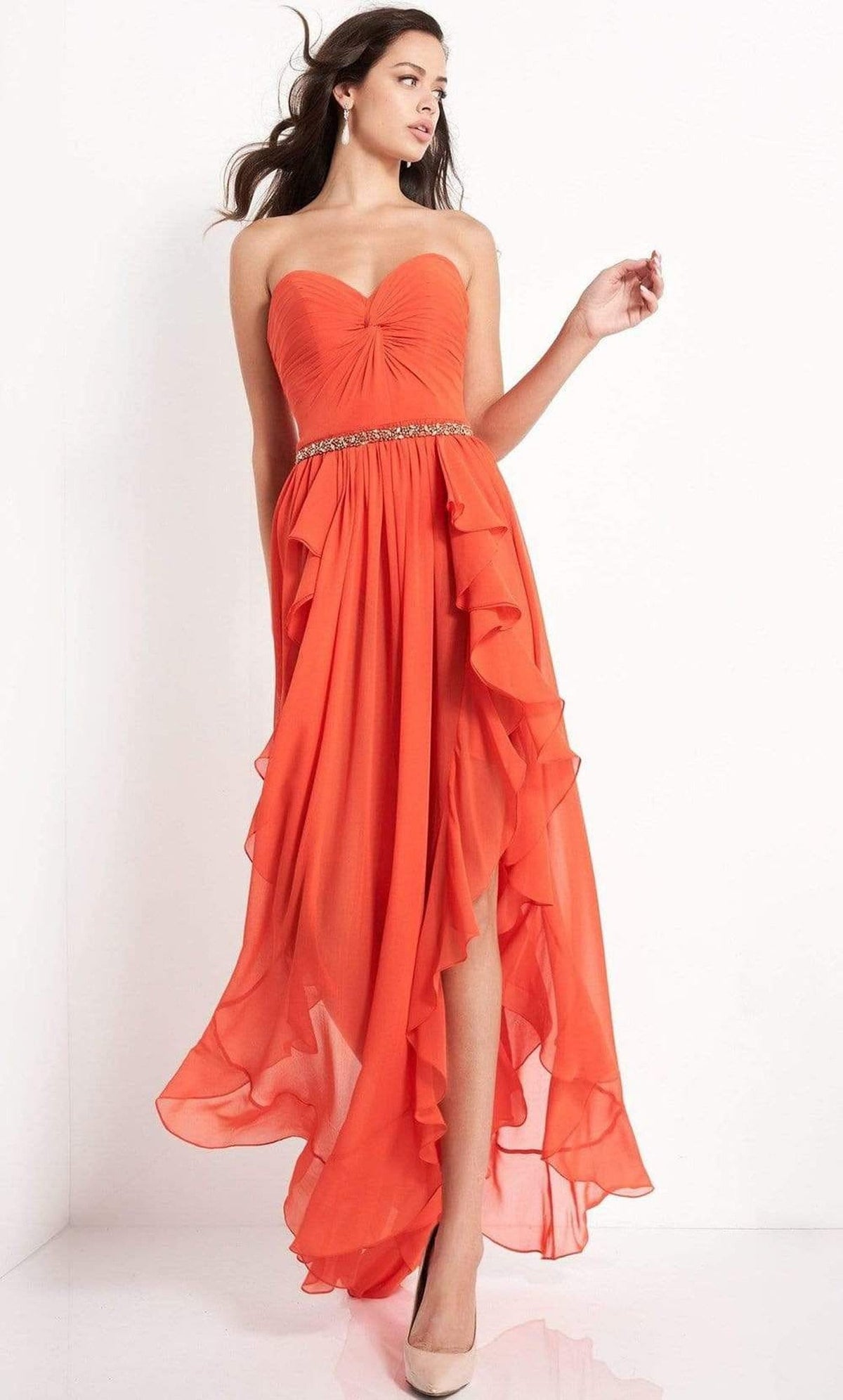 Jovani - 04874 Strapless Ruffle Hem High-Low Chiffon Dress