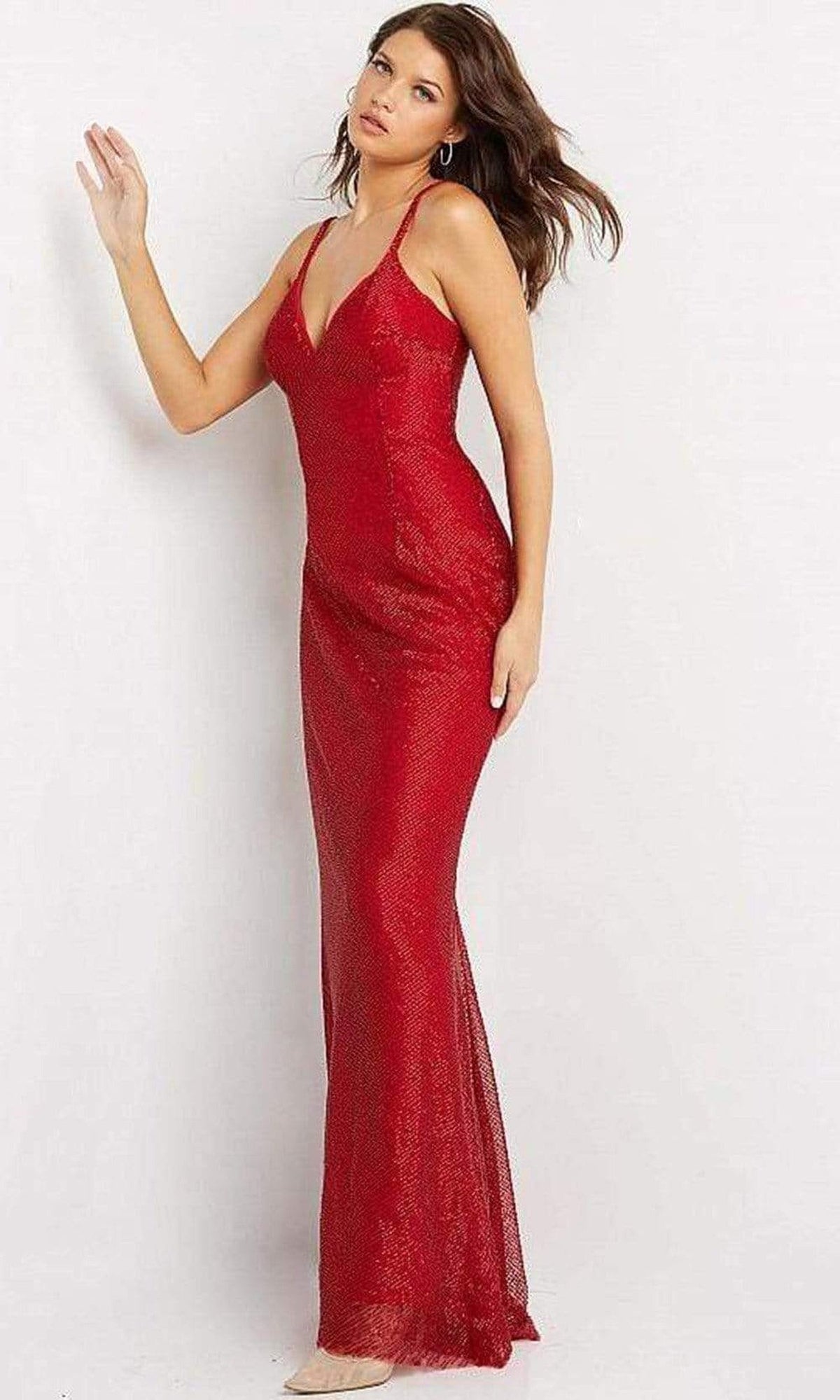 Jovani - 05057 V Neck Shiny Sheath Gown