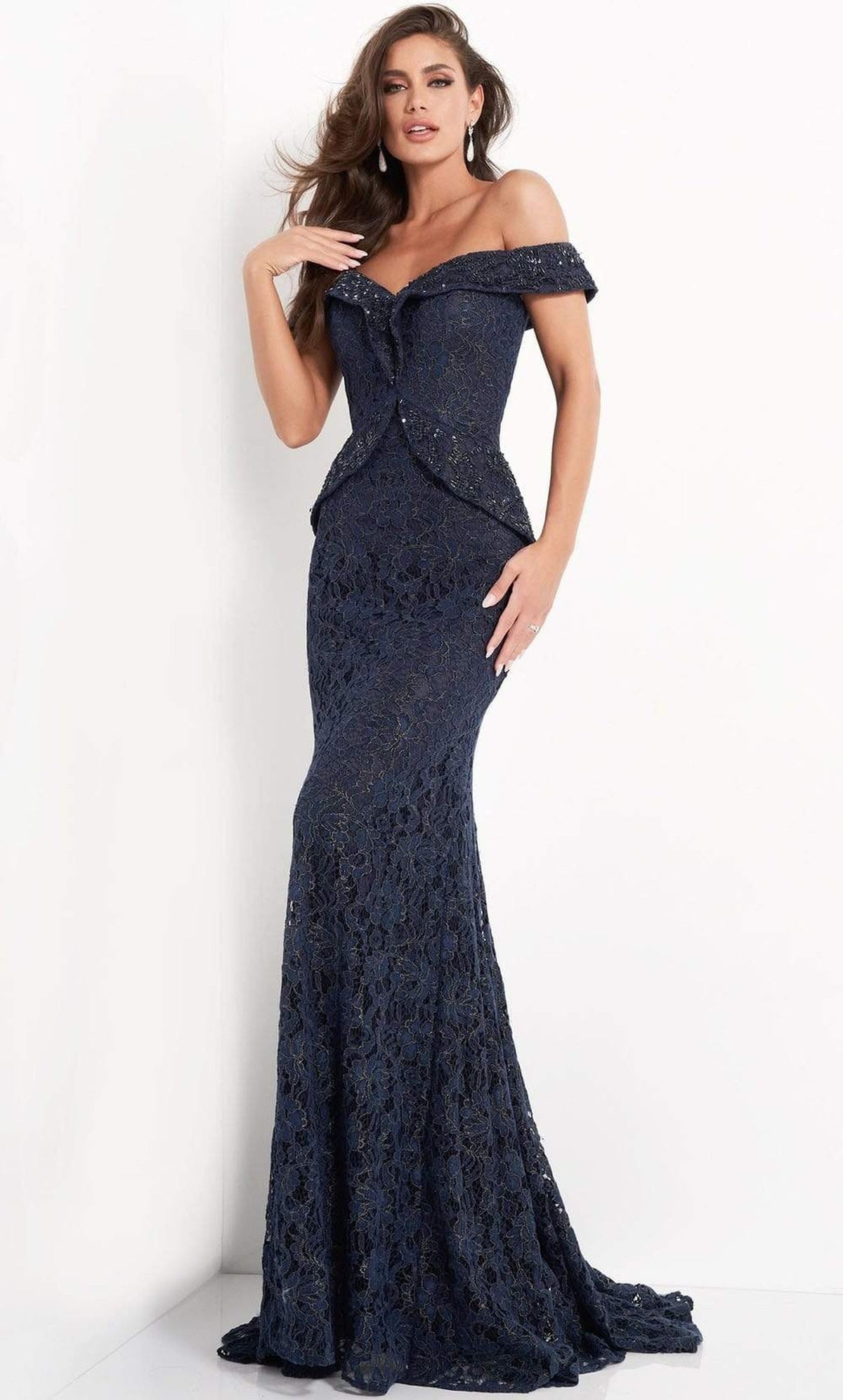 Jovani - 05059 Embellished Lace Off Shoulder Sheath Dress - Navy - Main