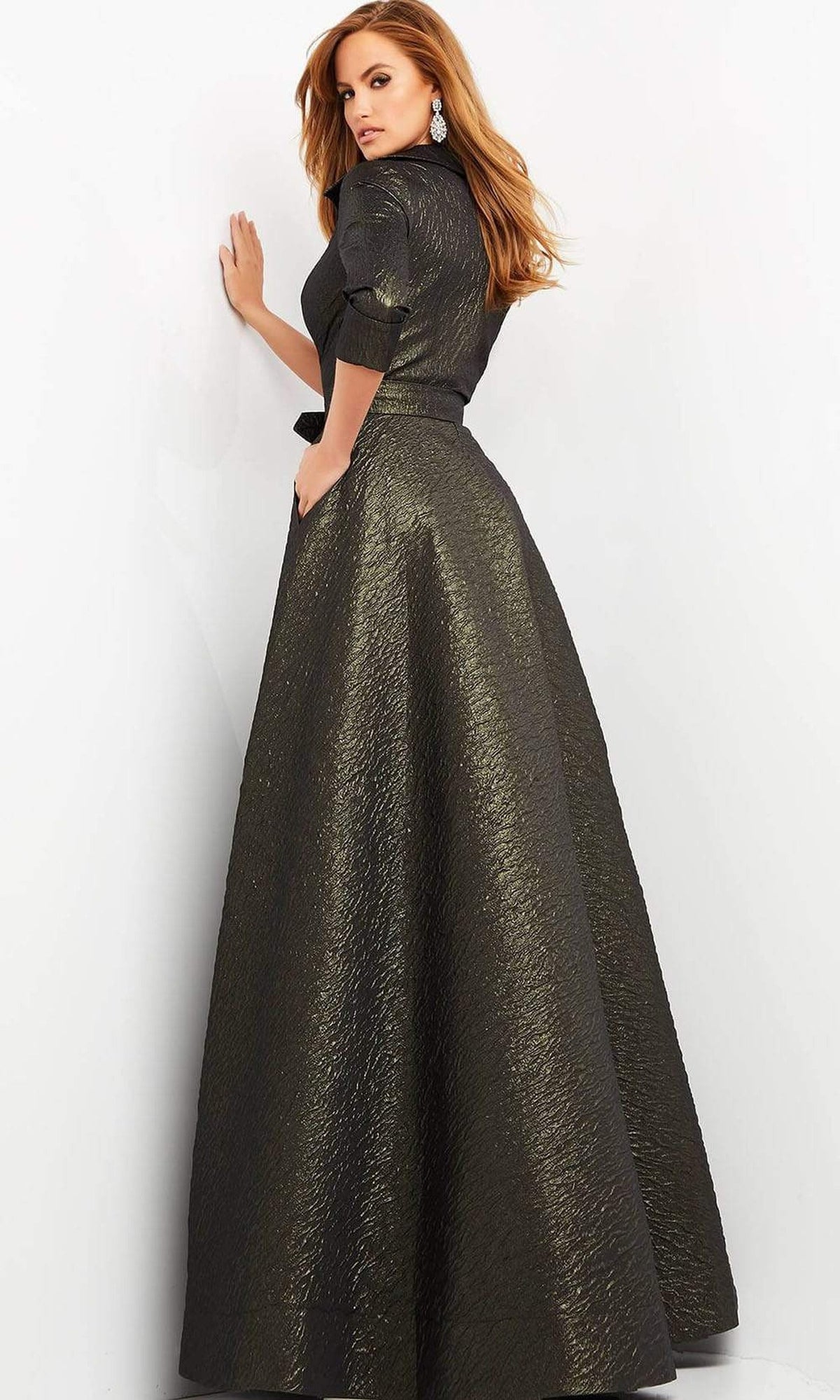 Jovani - 05075 Quarter Sleeve V-Neck Metallic Dress