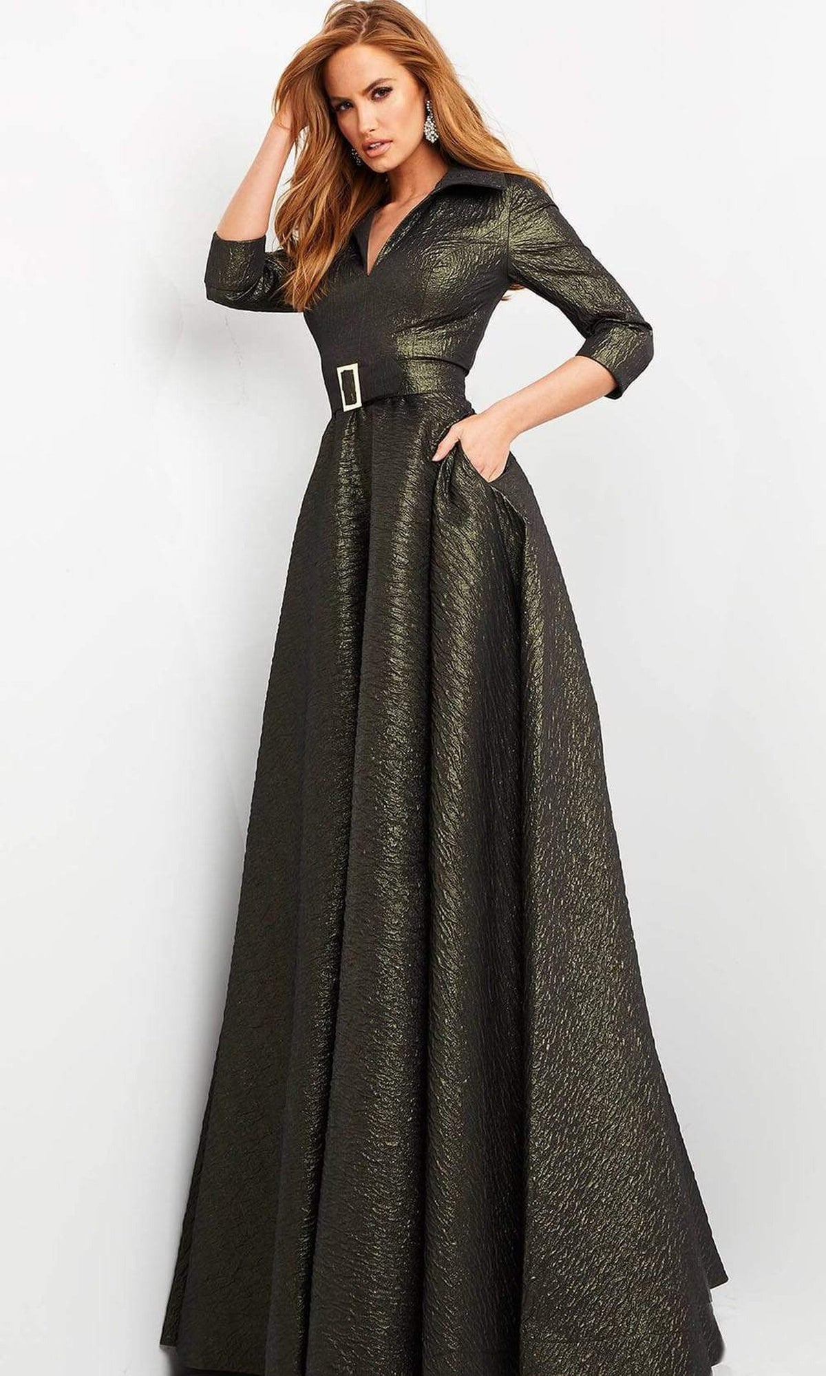 Jovani - 05075 Quarter Sleeve V-Neck Metallic Dress
