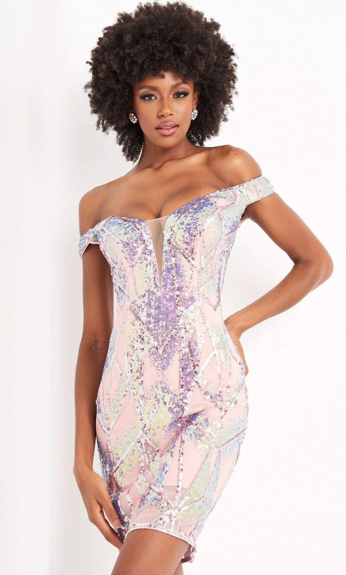 Jovani - 05101 Illusion Plunging Neck Off Shoulder Embellished Dress