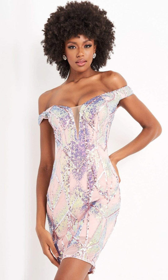 Jovani - 05101 Illusion Plunging Neck Off Shoulder Embellished Dress