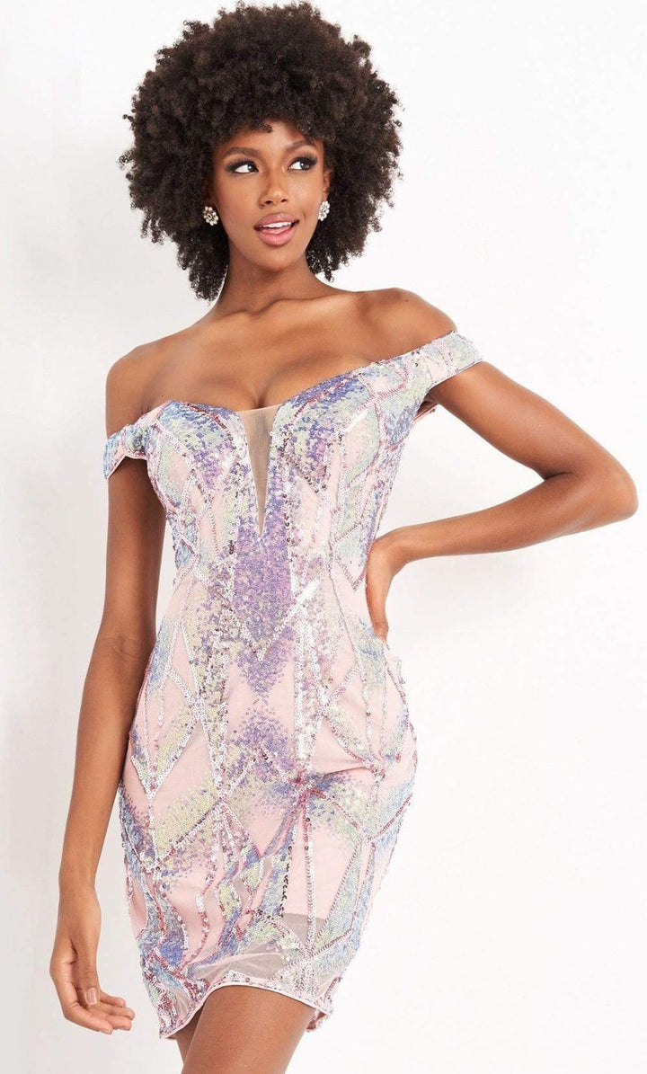 Jovani - 05101 Illusion Plunging Neck Off Shoulder Embellished Dress - Pink - Main