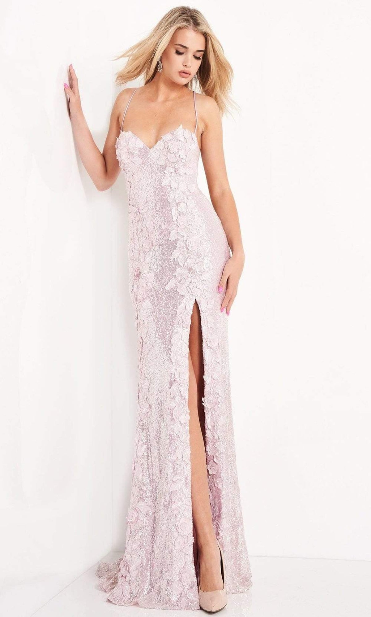 Jovani - 06109 Floral Appliques Sequin Junior Prom Gown - Ice Pink - Main