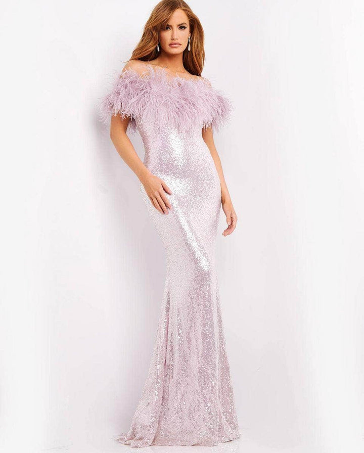 Jovani - 06166 Feather Off-Shoulder Neckline Full Sequin Gown
