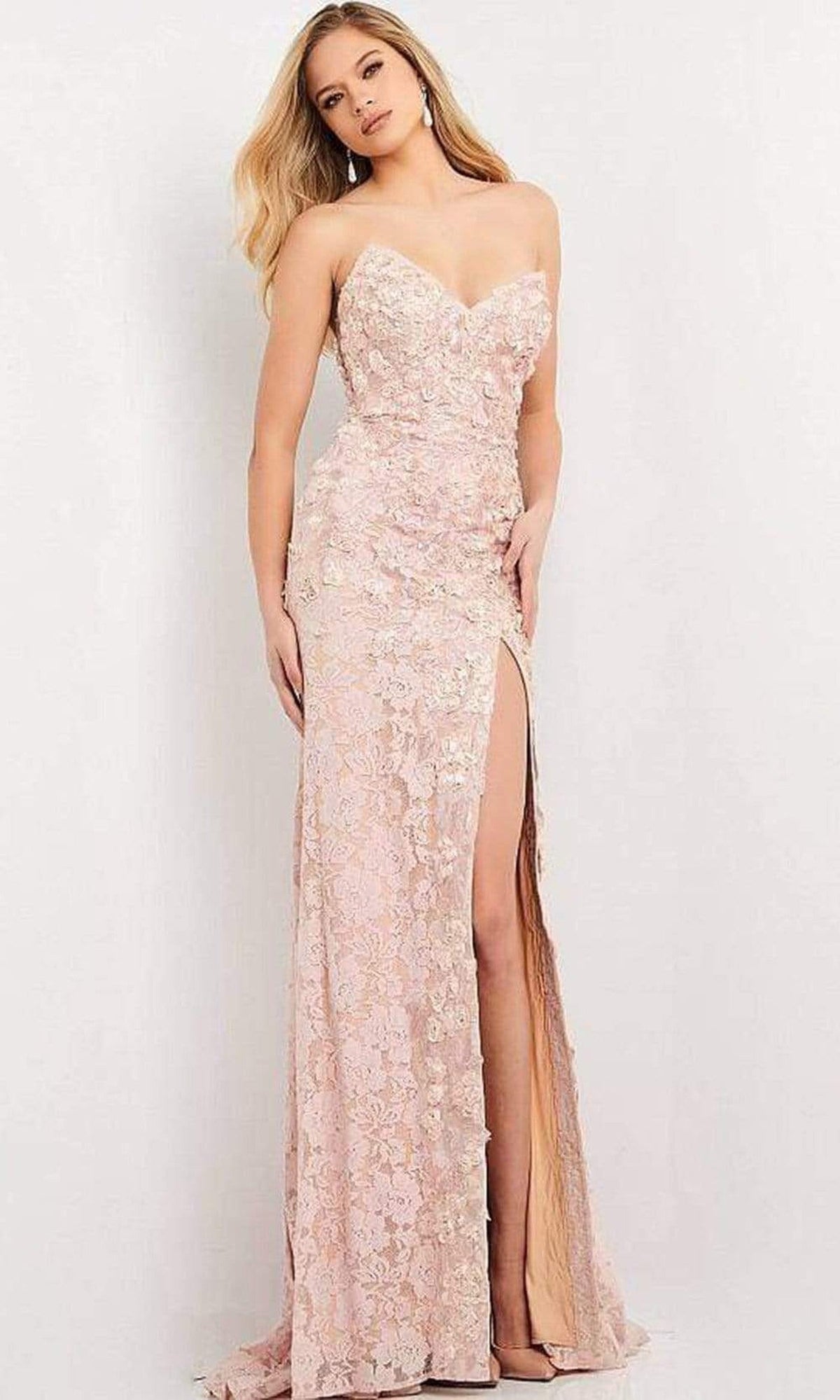Jovani - 06168 Strapless Floral Lace Column Slit Gown - Blush - Main
