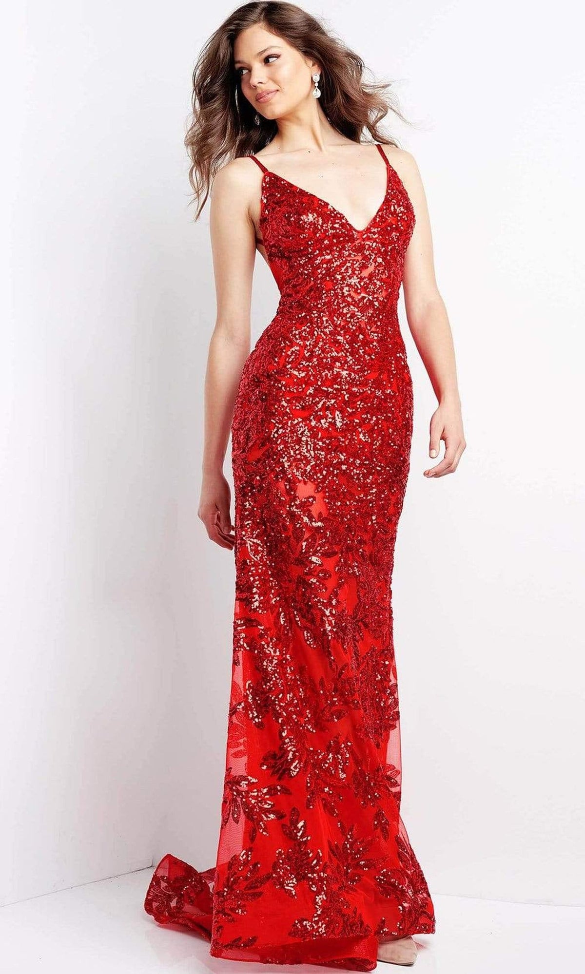 Jovani - 06203 Embellished V-Neck Backless Sheath Dress