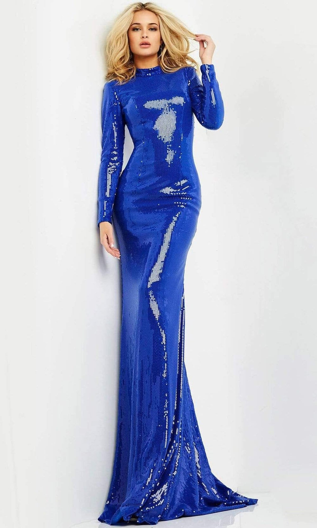 Jovani - 06214 Sequined Long Sleeve High Neck Trumpet Gown