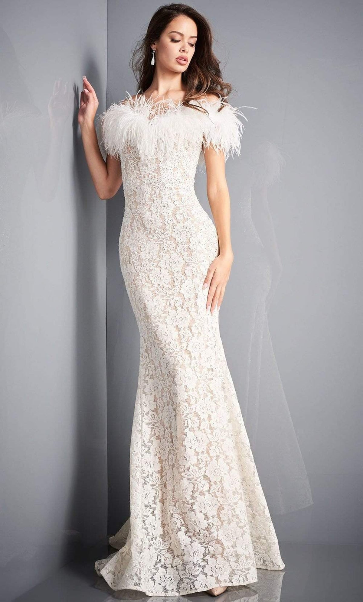 Jovani - 06451 Feather Off-Shoulder Allover Lace Mermaid Gown