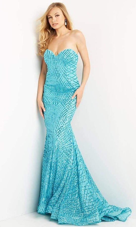 Jovani - 06516 Strapless Glitter Embellished Gown - Jade - Main