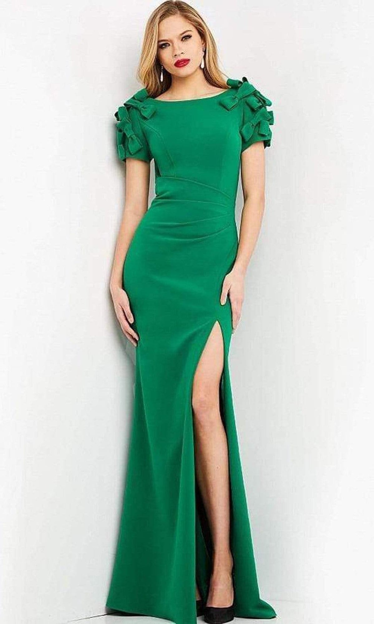 Jovani - 07011 Bateau Neck Modest Slit Dress - Emerald - Main