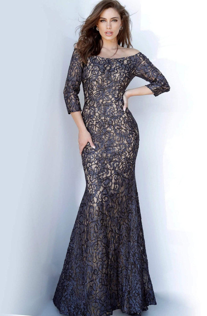 Jovani - 2900 Off-Shoulder Beaded Lace Trumpet Dress - Charcoal - Main