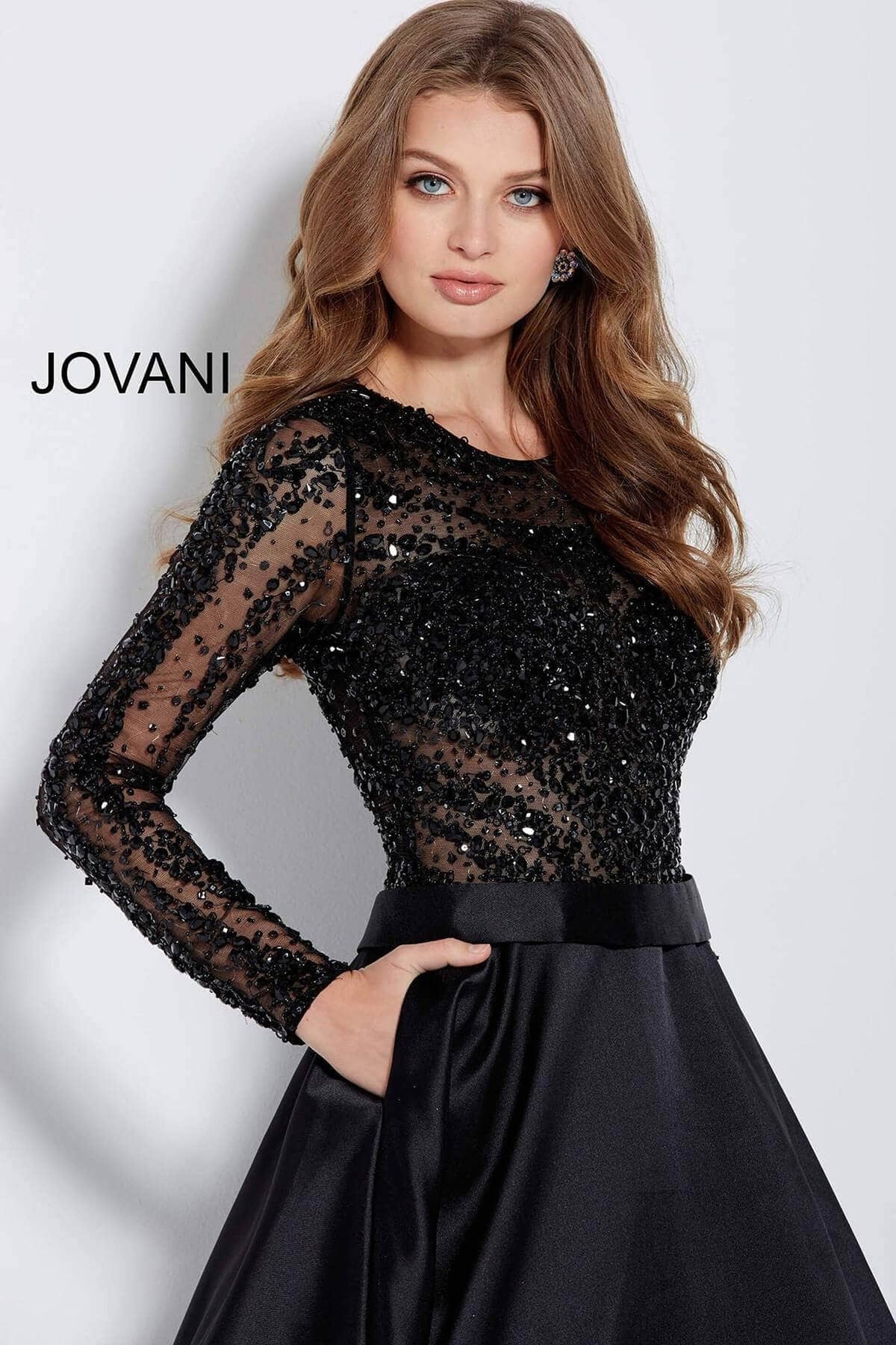 Jovani - 46066 Stone Embellished Long Sleeves Ballgown
