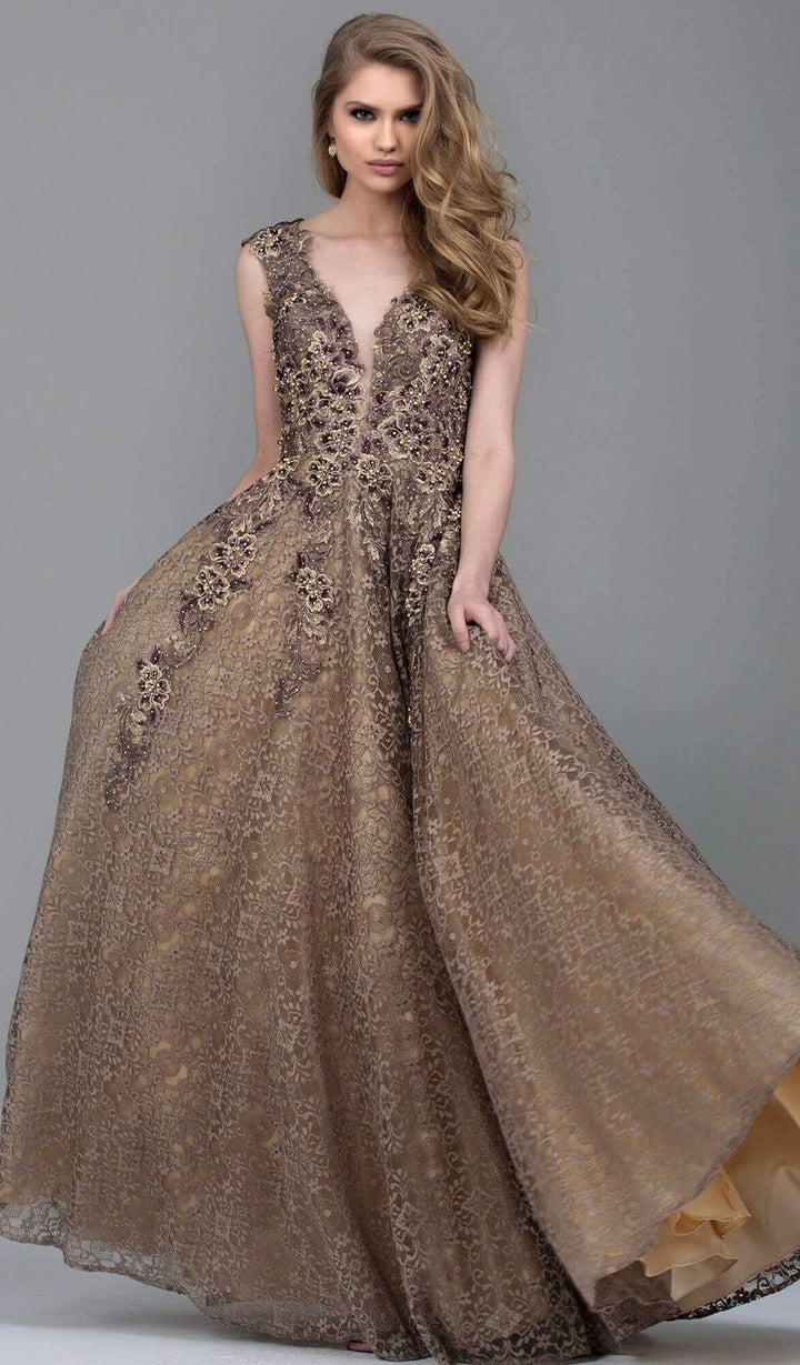 Jovani - 55877 Embellished Lace A-Line Evening Gown - Taupe - Main