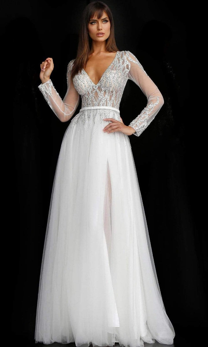 Jovani - 60325 Embellished Plunging V Neck A-line Gown - Off-White - Main