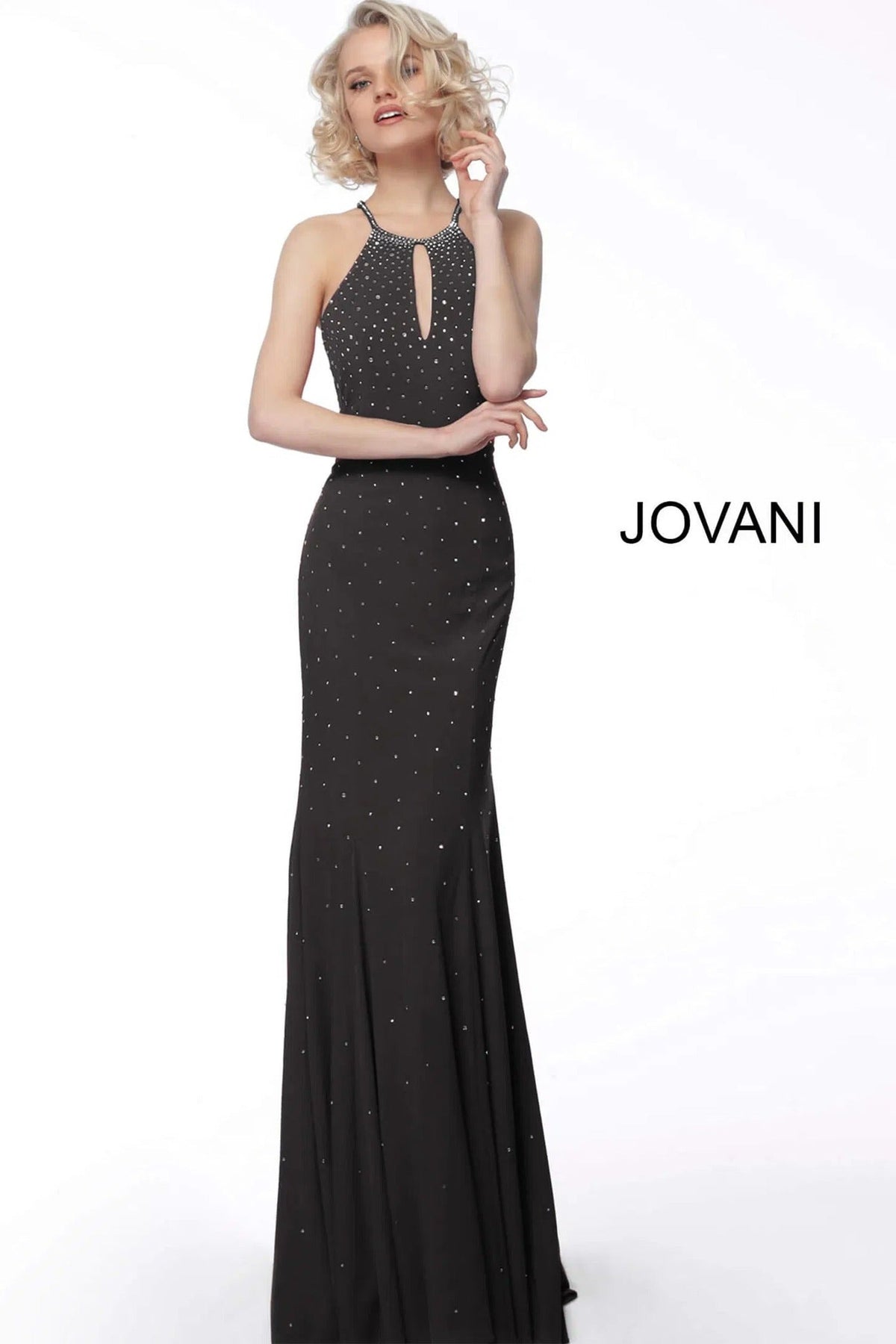 Jovani - 67101 Beaded Halter Jersey Trumpet Dress - Light-Blue - Main