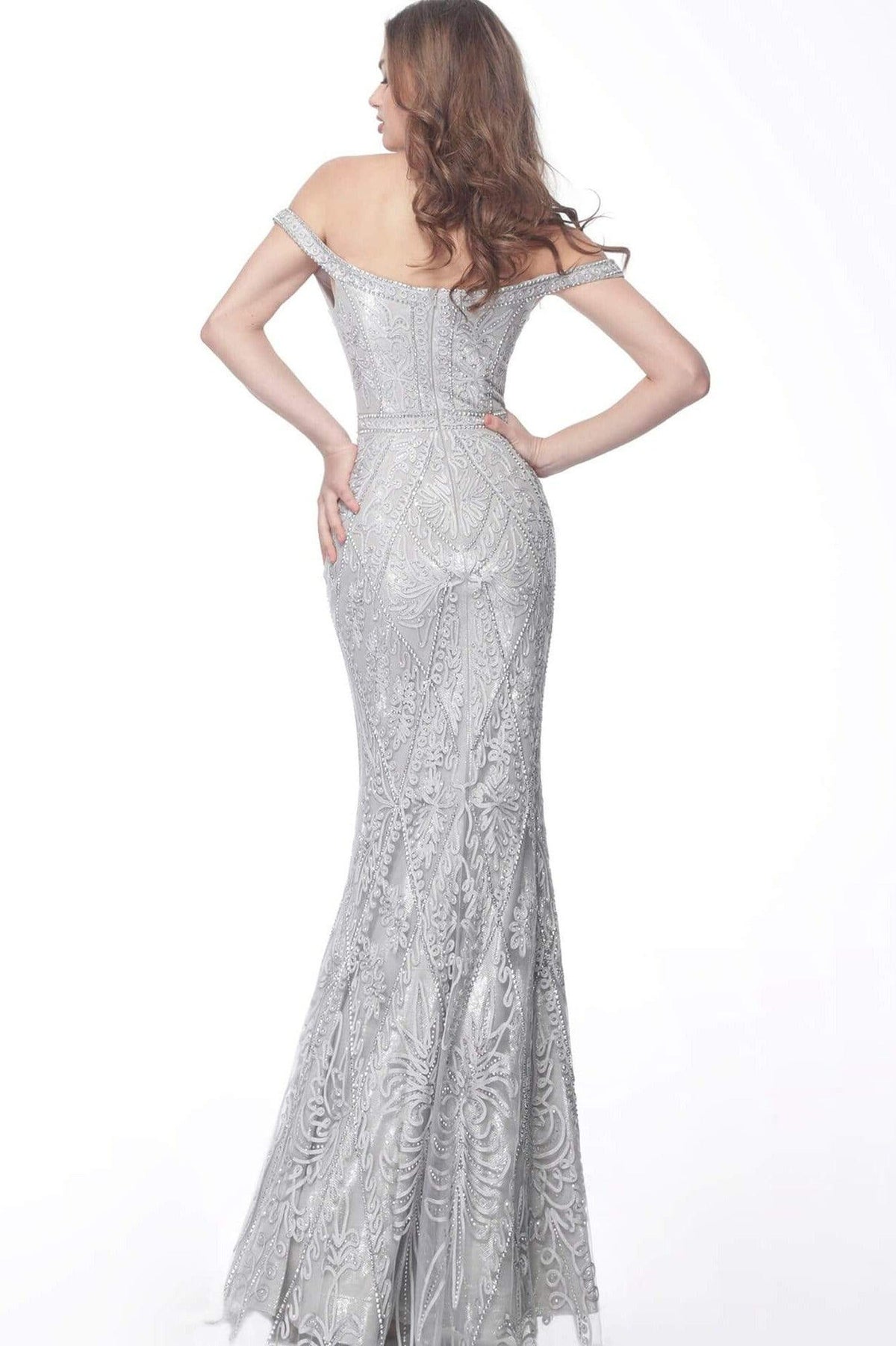 Jovani - 68130 Embroidered Deep Off-Shoulder Trumpet Dress