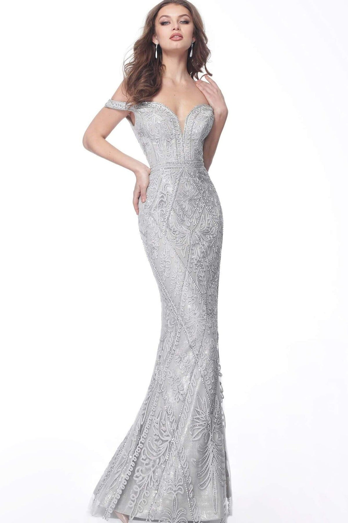 Jovani - 68130 Embroidered Deep Off-Shoulder Trumpet Dress - Grey - Main