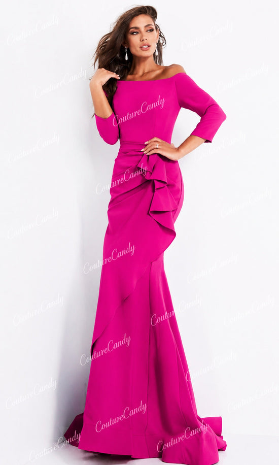 Jovani - 00446 Off Shoulder Drape Crepe Mermaid Dress