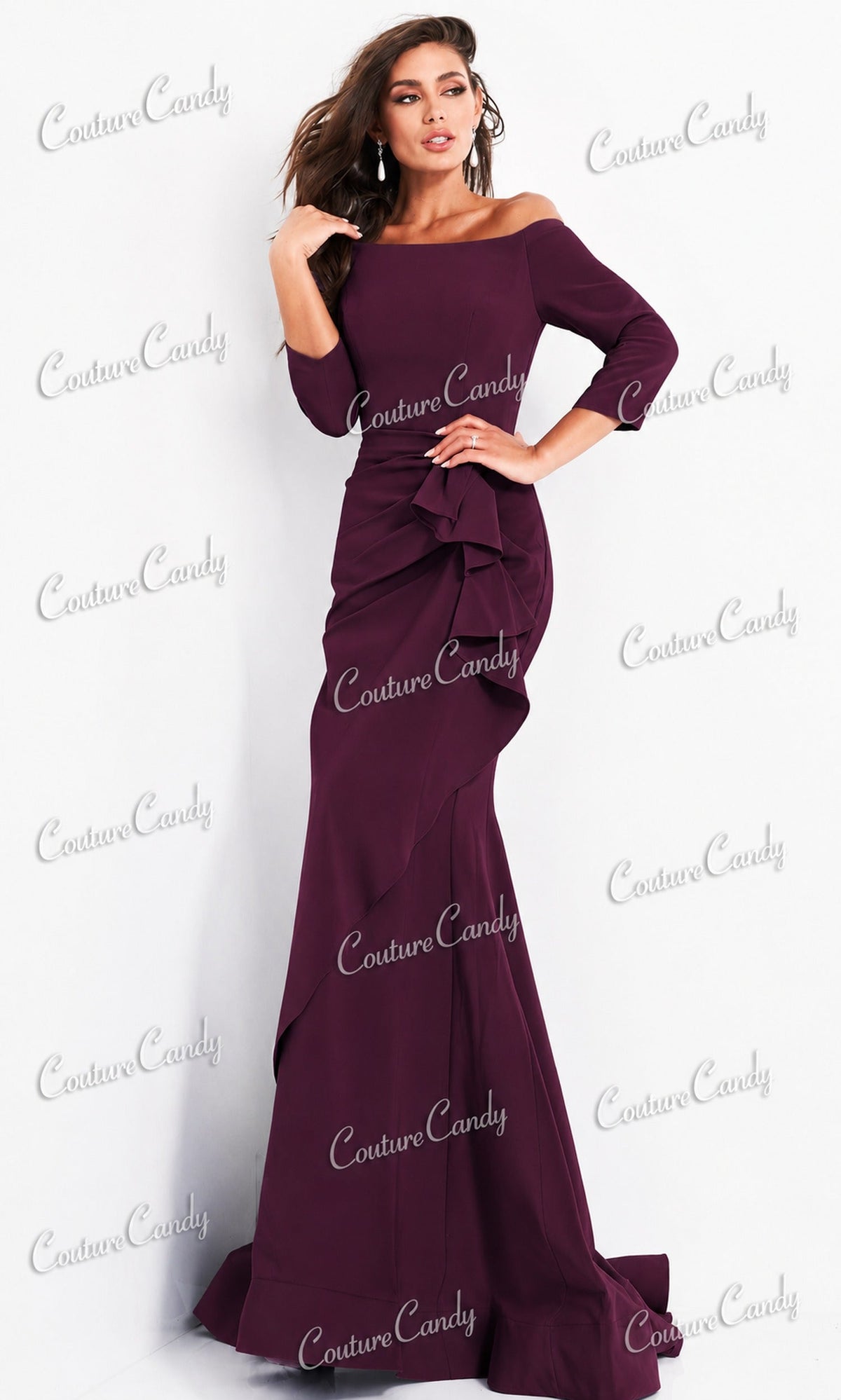 Jovani - 00446 Off Shoulder Drape Crepe Mermaid Dress