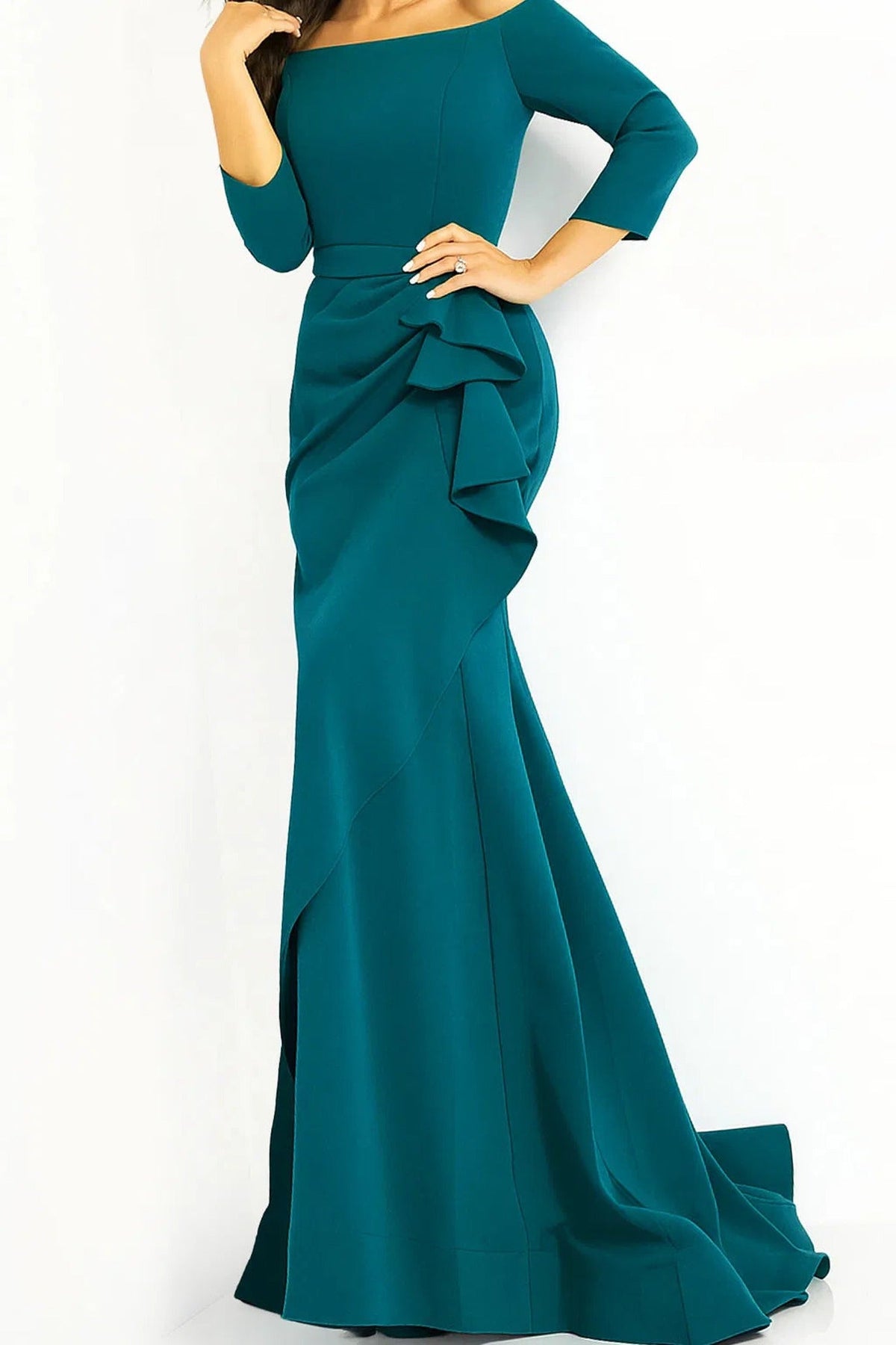 Jovani - 00446 Off Shoulder Drape Crepe Mermaid Dress
