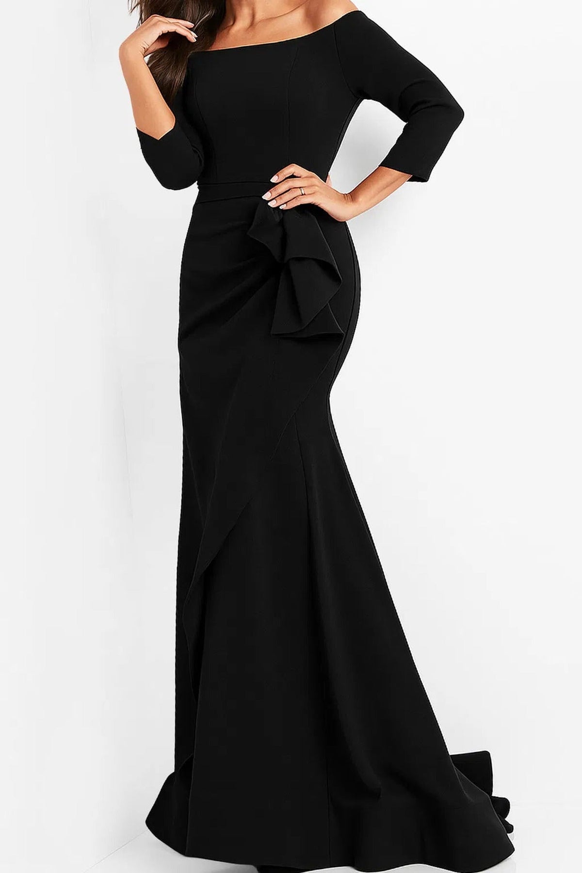 Jovani - 00446 Off Shoulder Drape Crepe Mermaid Dress - Light-Blue - Main