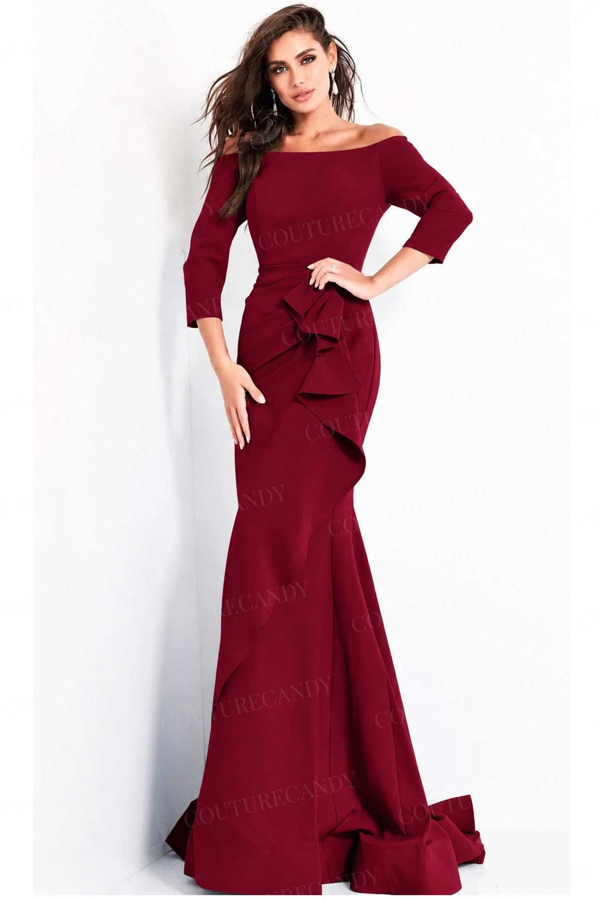 Jovani - 00446 Off Shoulder Drape Crepe Mermaid Dress
