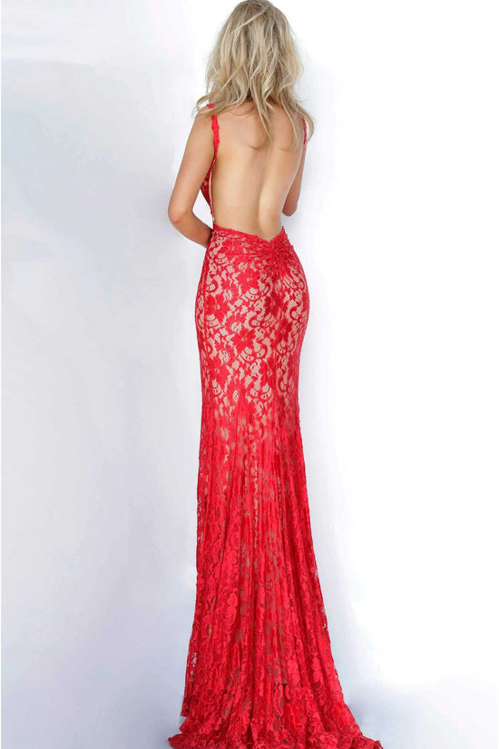 Jovani - 00782 Backless V Neck Allover Lace Fitted Long Dress