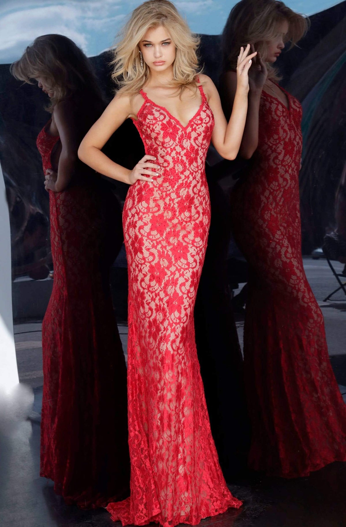 Jovani - 00782 Backless V Neck Allover Lace Fitted Long Dress