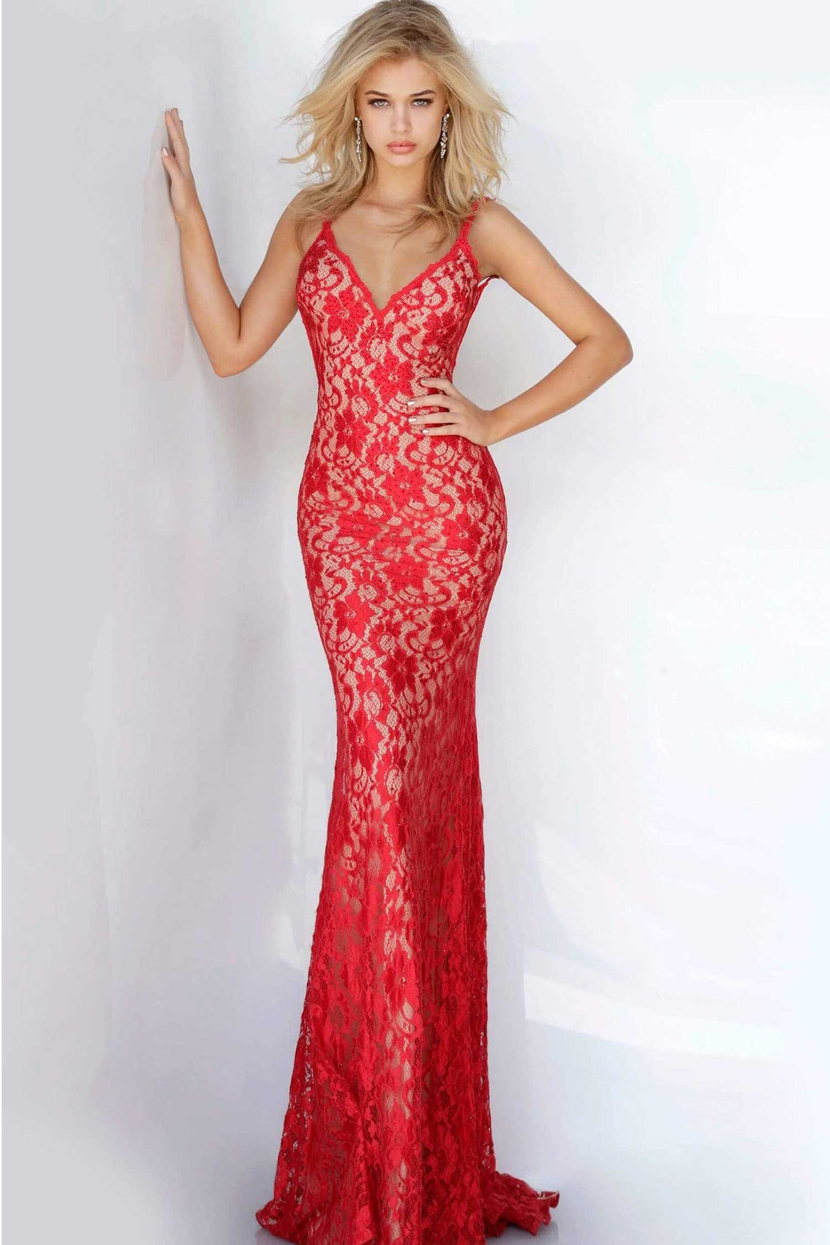 Jovani - 00782 Backless V Neck Allover Lace Fitted Long Dress - Red - Main