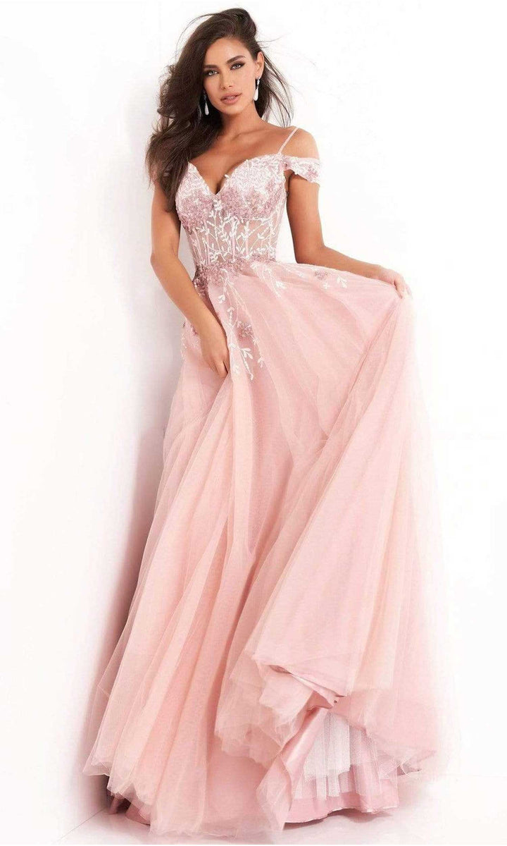 Jovani - 02022 Floral Ornate Corset Tulle Dress - Blush - Main