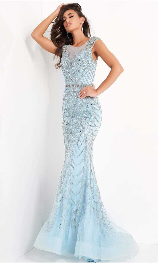 Jovani - 02336 Embellished Scoop Neck Trumpet Dress - Light-Blue - Main