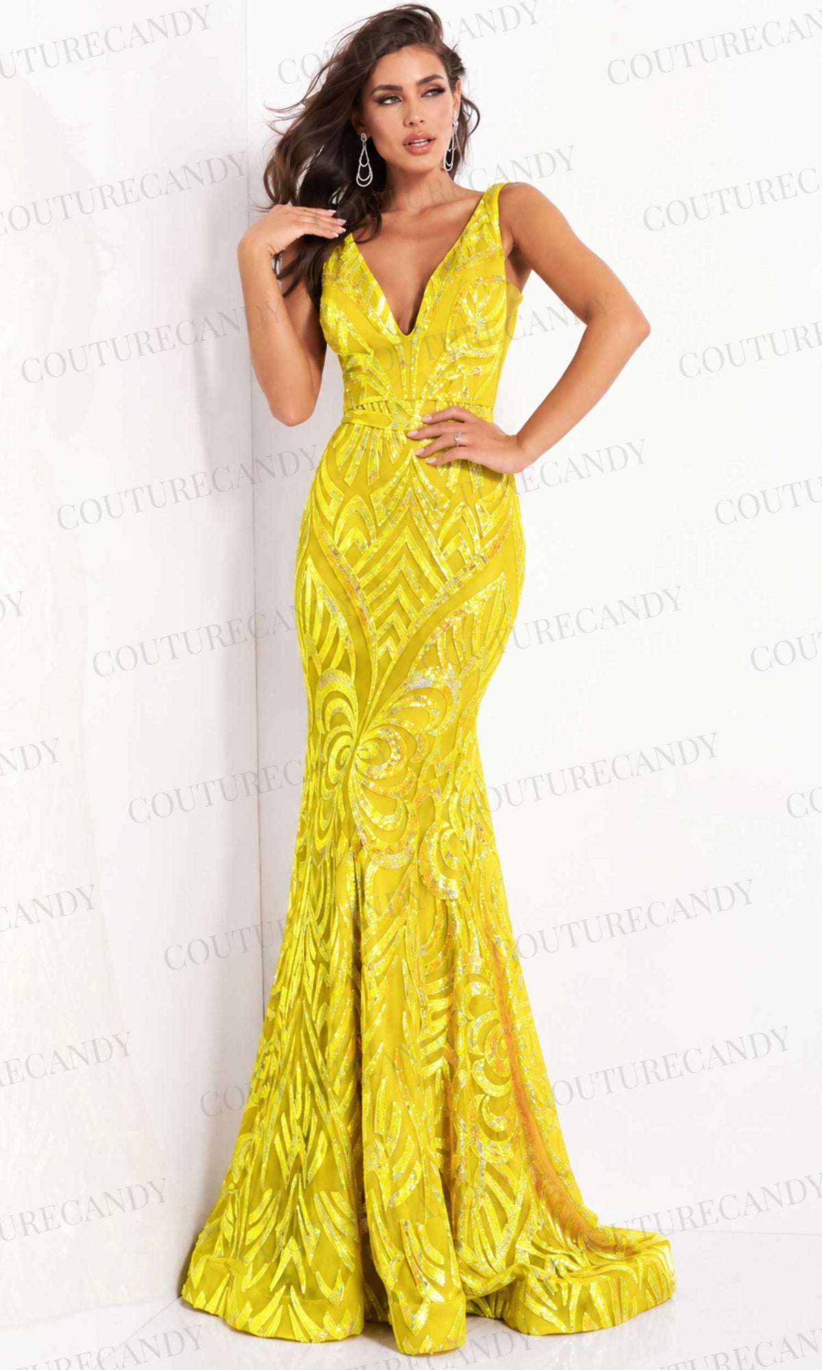 Jovani - 02753 Plunging Neck Open Back Sequin Embellished Mermaid Gown