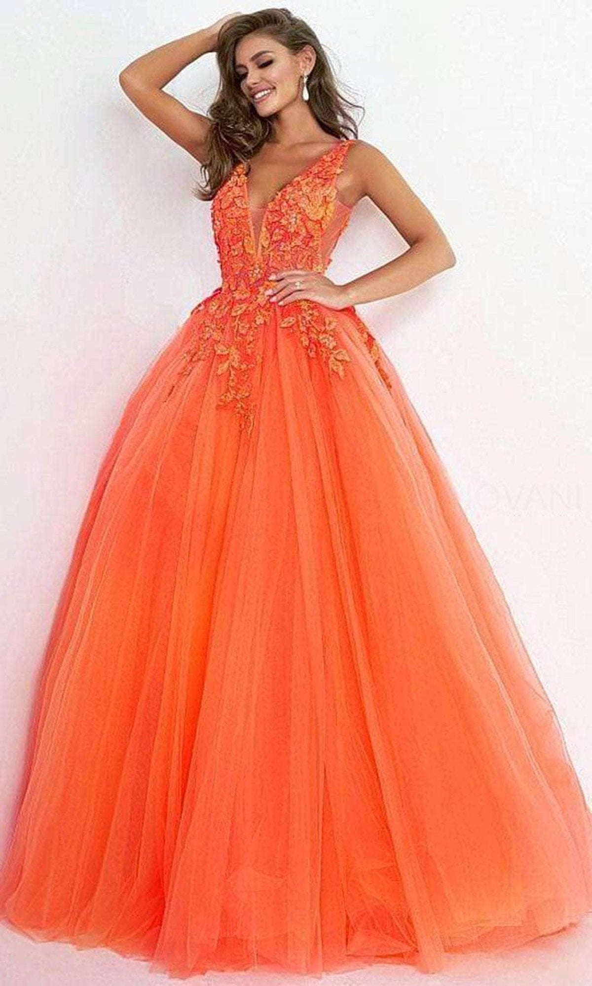 Jovani - 02840 Plunging Neck Floral Applique Tulle Ballgown - Orange - Main